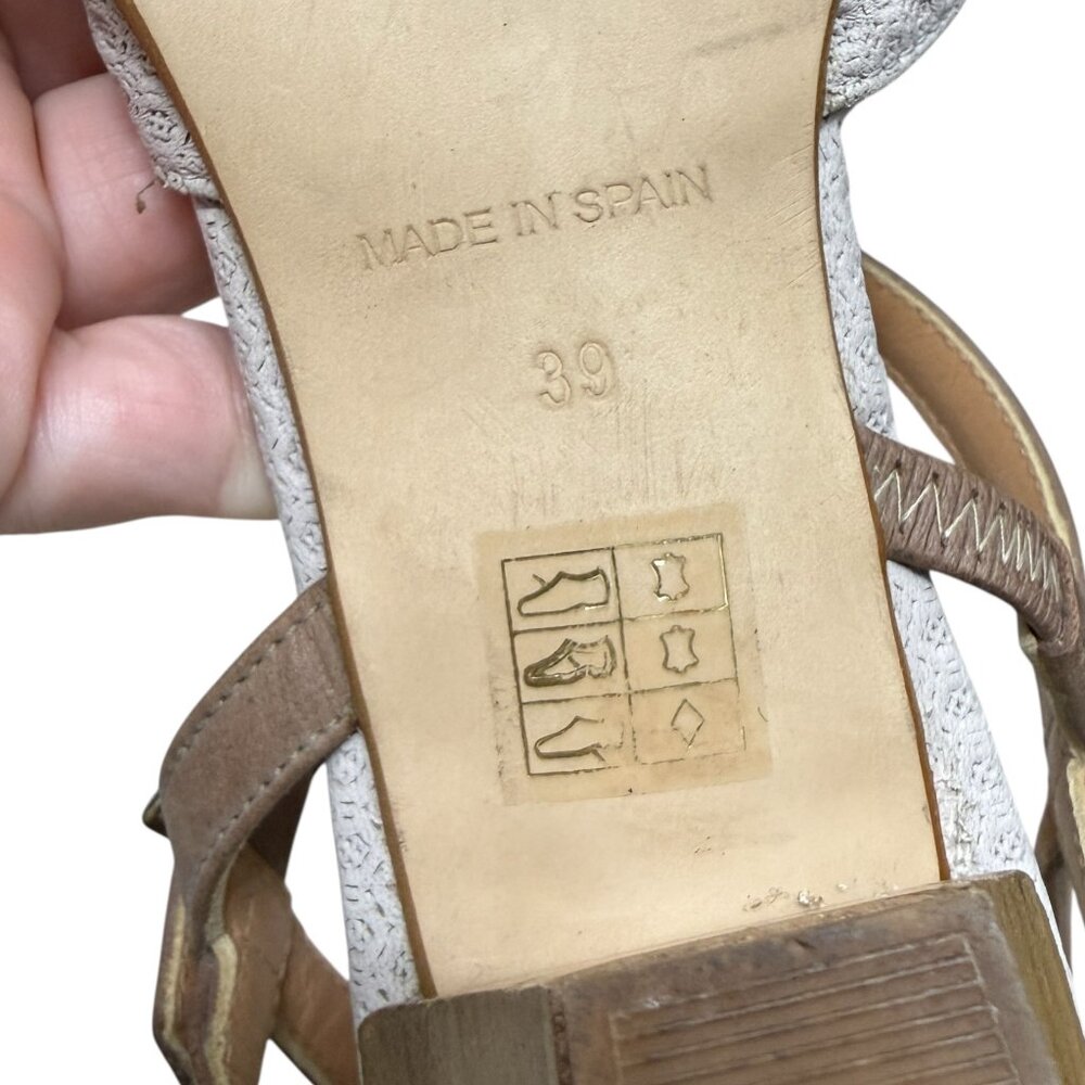Sundance Taupe/Gray Leather Pointed Toe Stacked Heel T-Strap Shoes Size 39 / 8 - Picture 7 of 8
